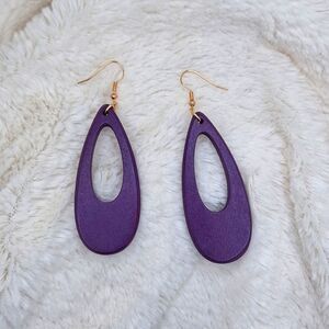 Purple wood earrings hollowed tear drop shape lightweight boho jewelry